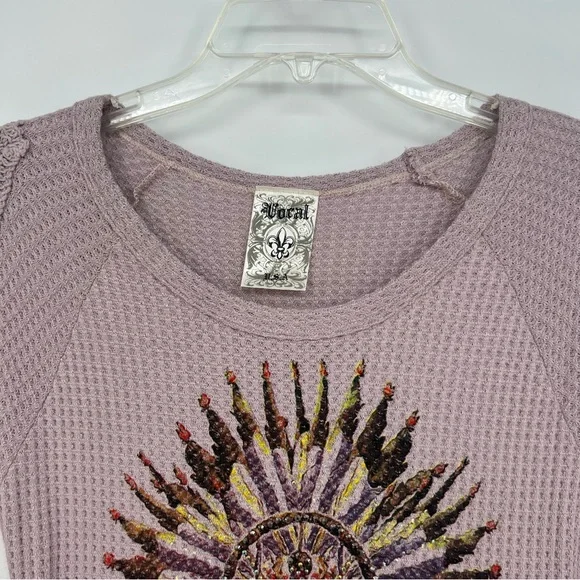 Vocal Womans Top Long Sleeve Dream Catcher Print Rhinestones Cold Shoulder NEW - Picture 11 of 13